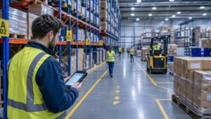 Operatore con tablet in magazzino logistico