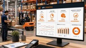 Dashboard KPI logistici su monitor in magazzino