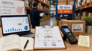 Gestione scorte in magazzino con laptop e scanner